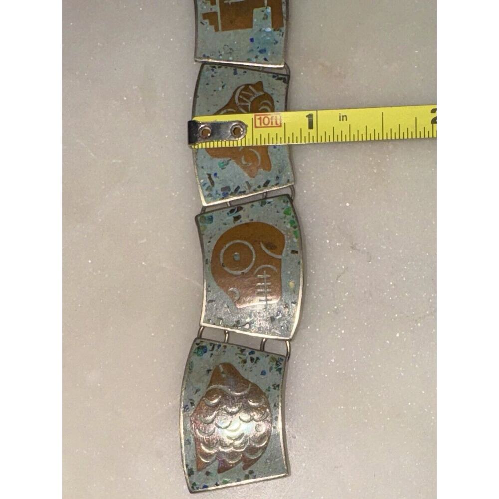 Vintage Sterling Silver Brass Turquoise Inlay Panel Bracelet Hencho En Mexico - Picture 13 of 14